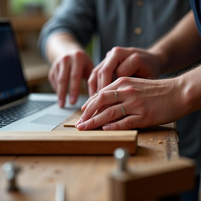 A close up of hands meticulously sanding a wooden prototype on a lathe, with a blurred laptop visible in the background, symbolizing the blend of digital and tangible work.