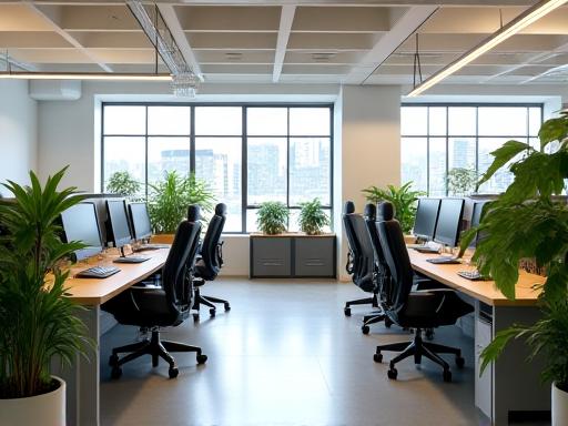 Bright and spacious clean desk zone with ergonomic chairs, large monitors, plants, and collaborative workspace arrangements.