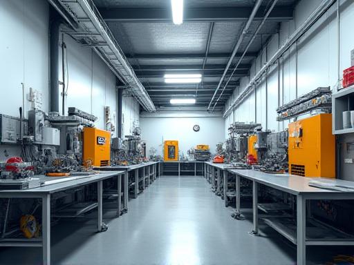 Well-lit industrial fabrication room featuring heavy machinery, workbenches, and industrial dust collection system.