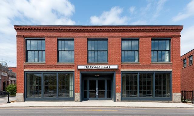 Exterior view of ForgeCraft CoLab building on Gates Avenue, with large industrial windows and brick facade.