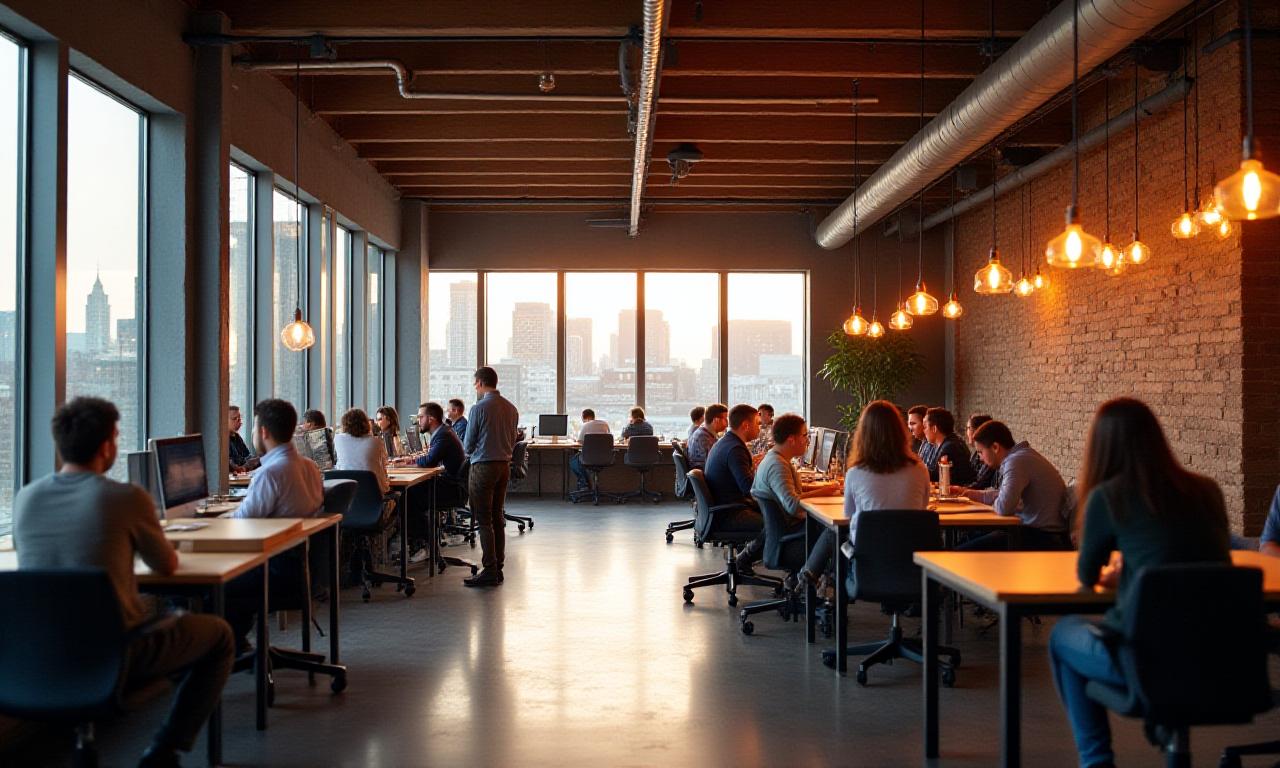 Industrial chic coworking space with raw wood and metal accents, large windows, and a mix of creative professionals at work.
