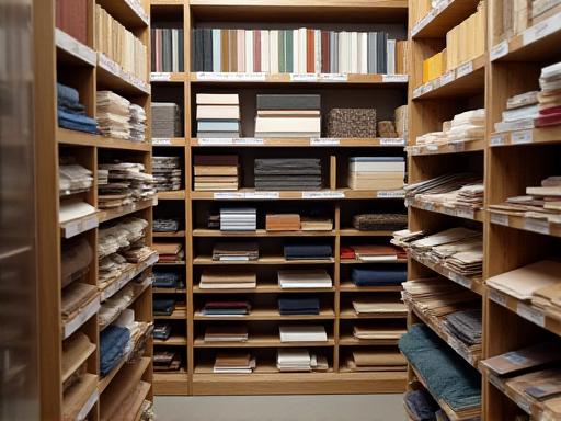 Extensive material library with shelves displaying various samples of wood, metal, fabrics, and plastics, inviting tactile exploration.