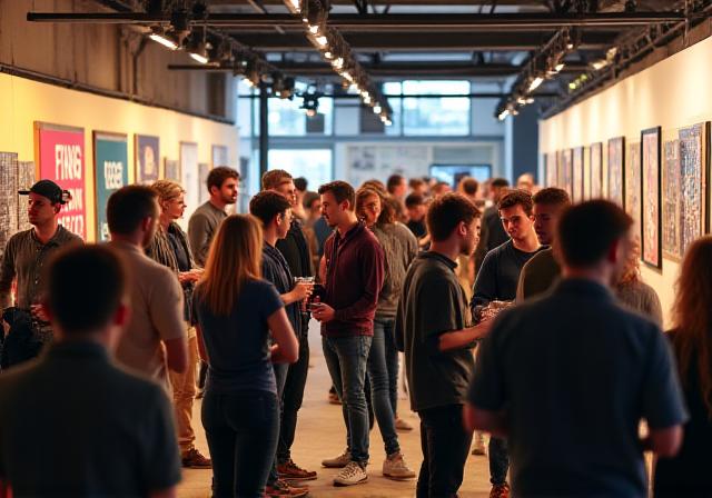 A lively networking event at ForgeCraft CoLab, featuring members chatting, displaying their projects, and enjoying refreshments in a modern industrial setting.